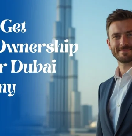 Image of a businessman with the Burj Khalifa in the background, symbolizing 100% ownership in Dubai company.