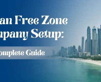 Image of the Ajman Free Zone company setup guide with the Dubai skyline and waterfront view.