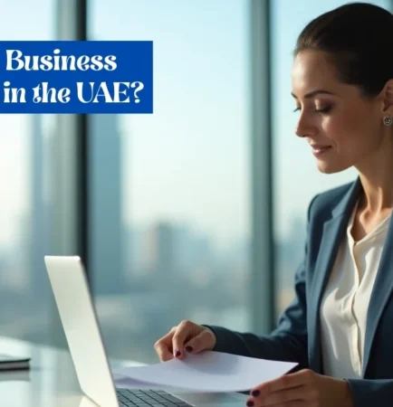 Image of Businesswoman reviewing documents on laptop in Dubai office – How to open a business bank account in the UAE.