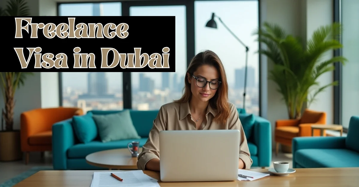 Image of a freelancer working in Dubai with city skyline in background.