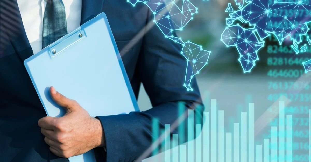Image of a businessman holding documents with global trade network and bar chart graphics – General Trading License in Dubai 2025