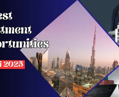 Image of 10 Best Investment Opportunities in Dubai 2025 with Dubai skyline, real estate, and trade visuals.