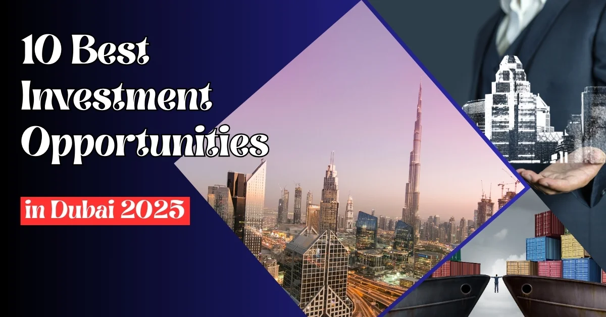 Image of 10 Best Investment Opportunities in Dubai 2025 with Dubai skyline, real estate, and trade visuals.