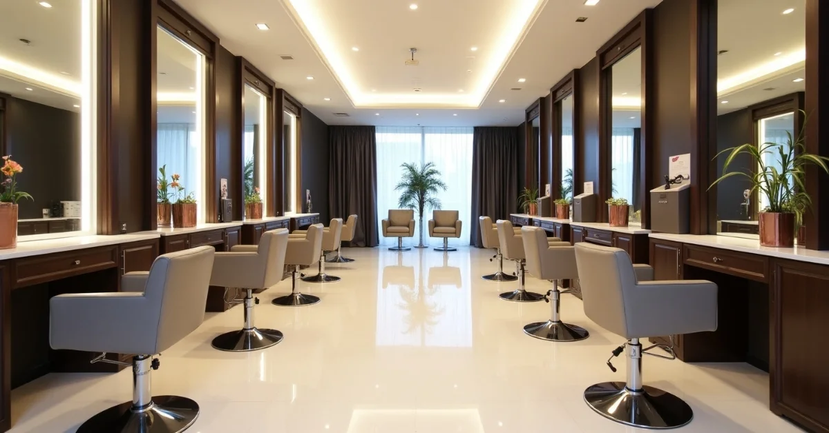 Image of a modern luxury ladies salon interior in Dubai with an elegant setup.
