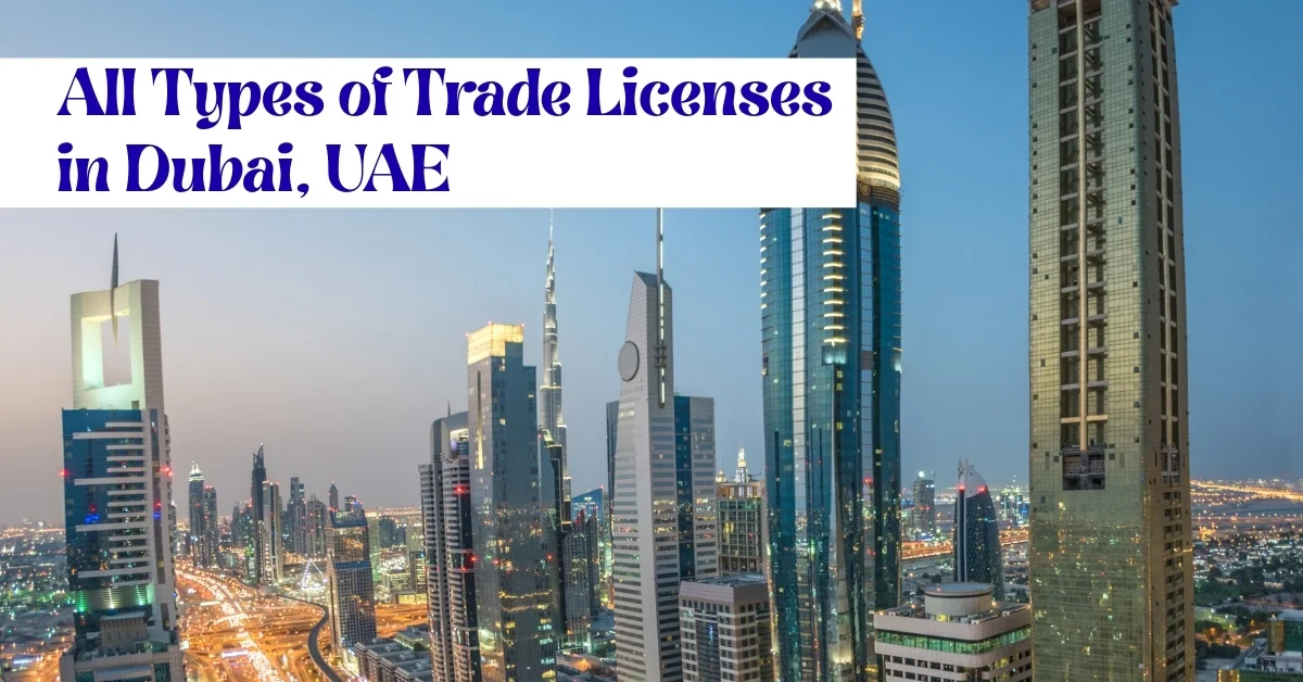 Image of all types of trade licenses in Dubai UAE with a city skyline view of skyscrapers and the business district.