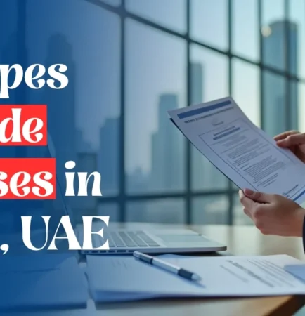 Image of a business professional reviewing trade license documents in a Dubai office with city skyline in the background.
