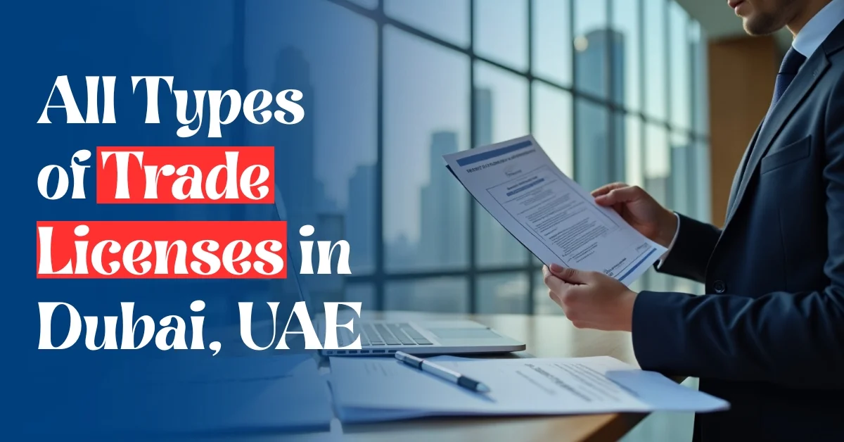 Image of a business professional reviewing trade license documents in a Dubai office with city skyline in the background.