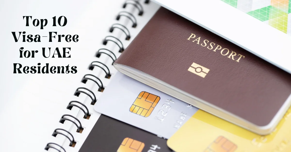 Image of a UAE passport with global landmarks representing visa-free countries for UAE residents.