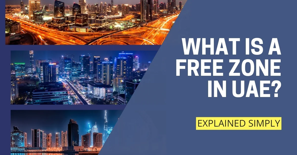 Image of Business setup in a free zone in UAE with modern offices and Dubai skyline.