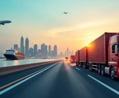 Image of a cargo business in Dubai with port, trucks, and airplanes showing logistics and shipping operations.