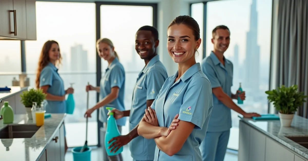 Image of a professional cleaning team in Dubai using eco-friendly supplies in a modern apartment with a city skyline view.