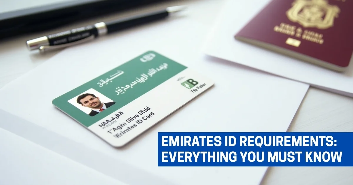 Image of Emirates ID card with passport and documents on desk representing UAE ID requirements.