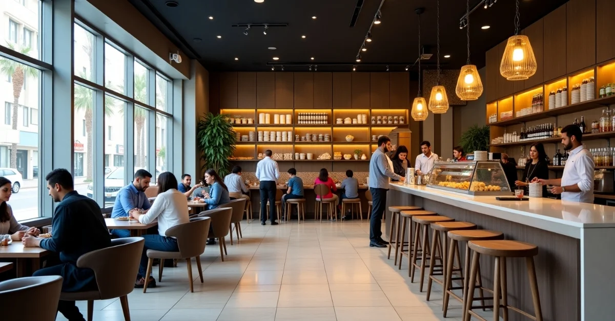 Image of the modern Dubai cafeteria interior with customers and staff serving food and coffee.