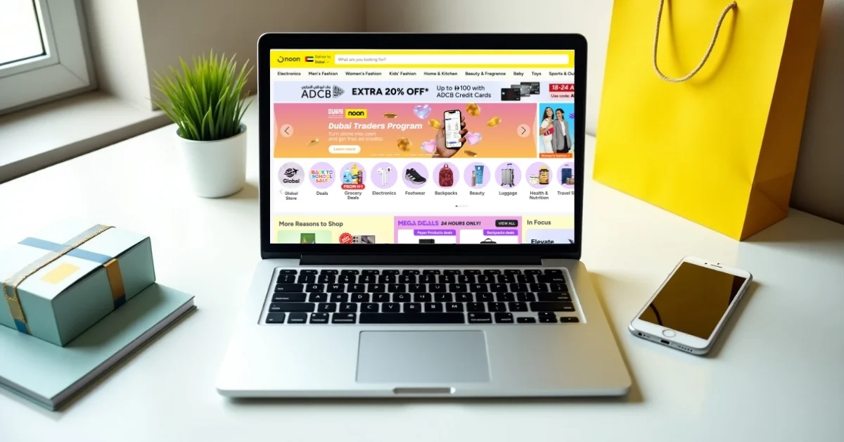Image of a laptop with the Noon seller platform open, showing steps to sell products online.