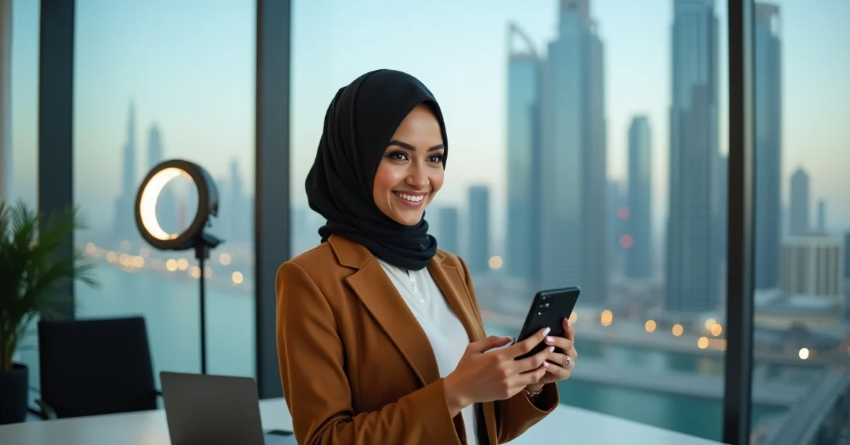 Image of a social media influencer license in UAE with Dubai skyline.