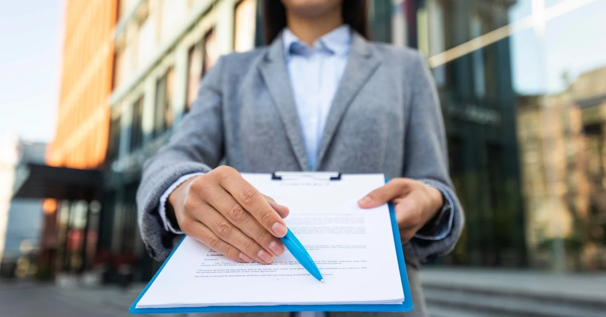 Image of a businesswoman holding a clipboard with documents for signing outside an office building.