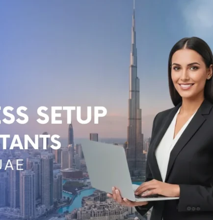 Image of business setup consultant in Dubai with laptop, Ripple services branding, and Burj Khalifa skyline in the background.