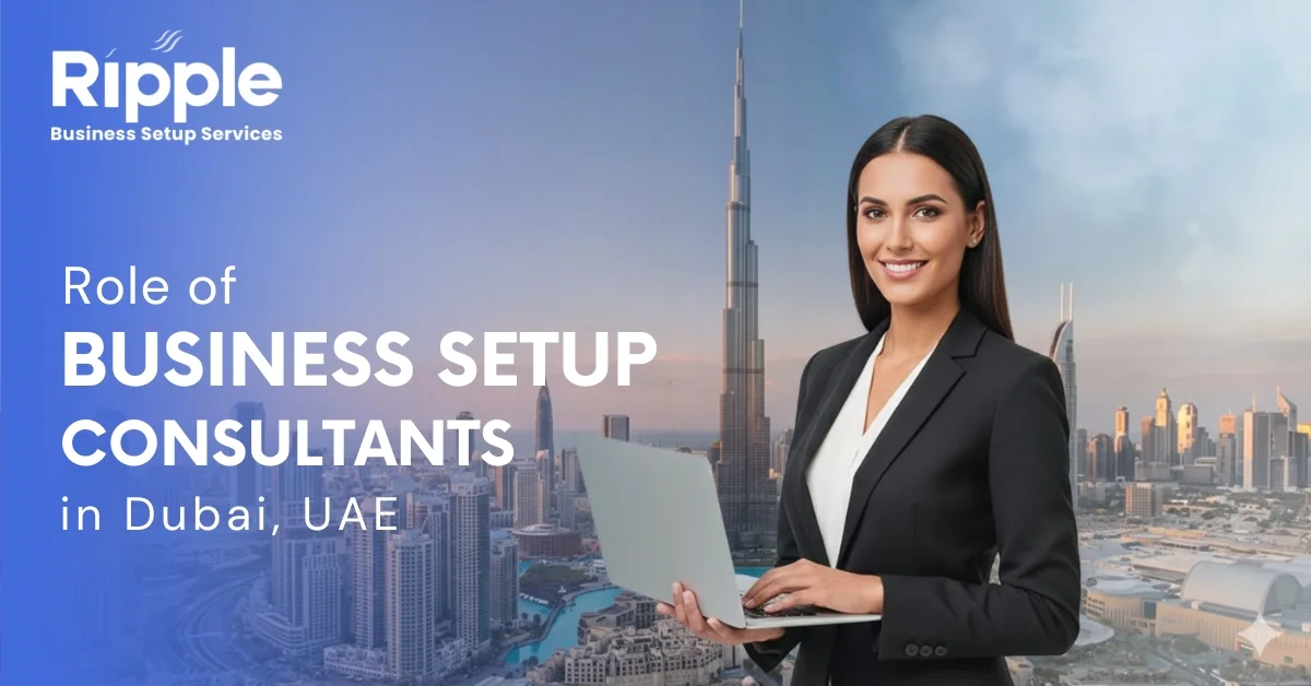 Image of business setup consultant in Dubai with laptop, Ripple services branding, and Burj Khalifa skyline in the background.