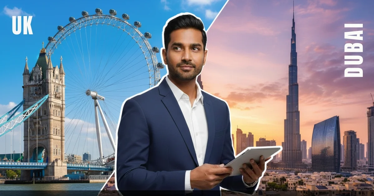Image of a professional man standing between the UK and Dubai skylines, illustrating the process of Business Setup in Dubai from UK.