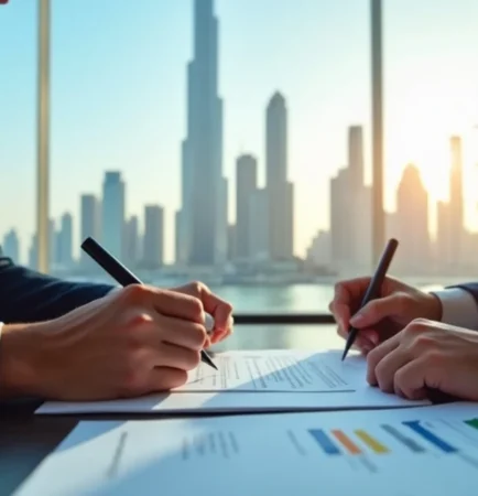 Cheapest trade license in Dubai 2025 business setup scene with entrepreneurs and Dubai skyline.