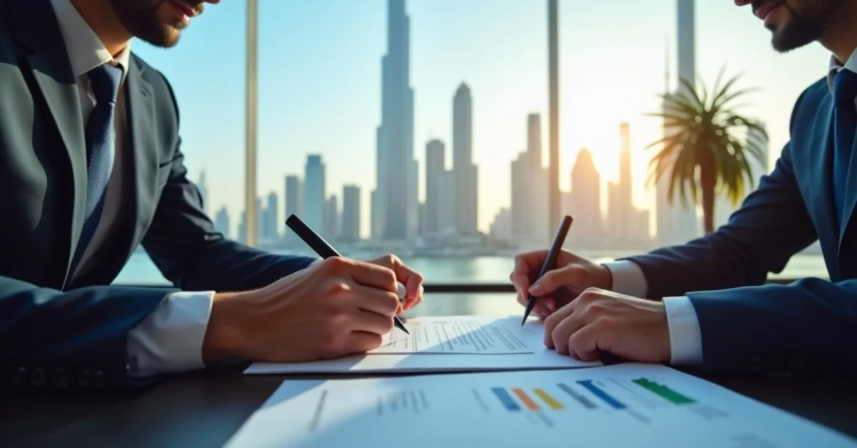 Cheapest trade license in Dubai 2025 business setup scene with entrepreneurs and Dubai skyline.
