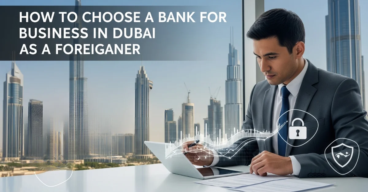 Foreigner choosing bank for business in Dubai, UAE skyline.