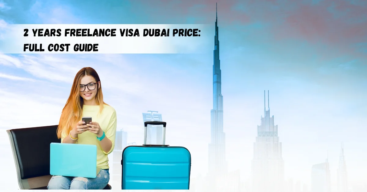 Image of Young freelancer with laptop and suitcase in front of Dubai skyline representing 2 years freelance visa Dubai price guide.