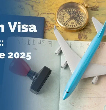 Image of passport with travel stamp, airplane model, and compass symbolizing Golden Visa UAE cost and long-term residency guide for 2025
