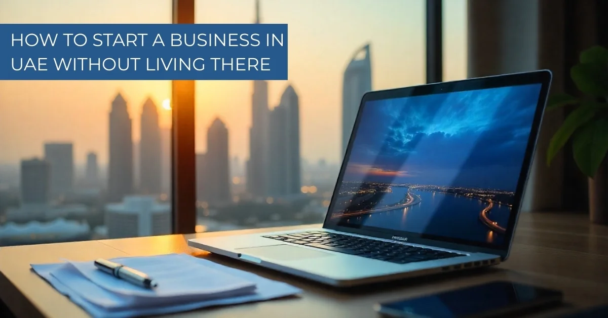 Image of a laptop on a desk with the Dubai skyline, symbolizing how to start a business in the UAE without living there.