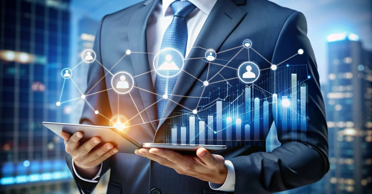 Image of a business professional using digital tablet with finance and network icons in a Dubai city background.