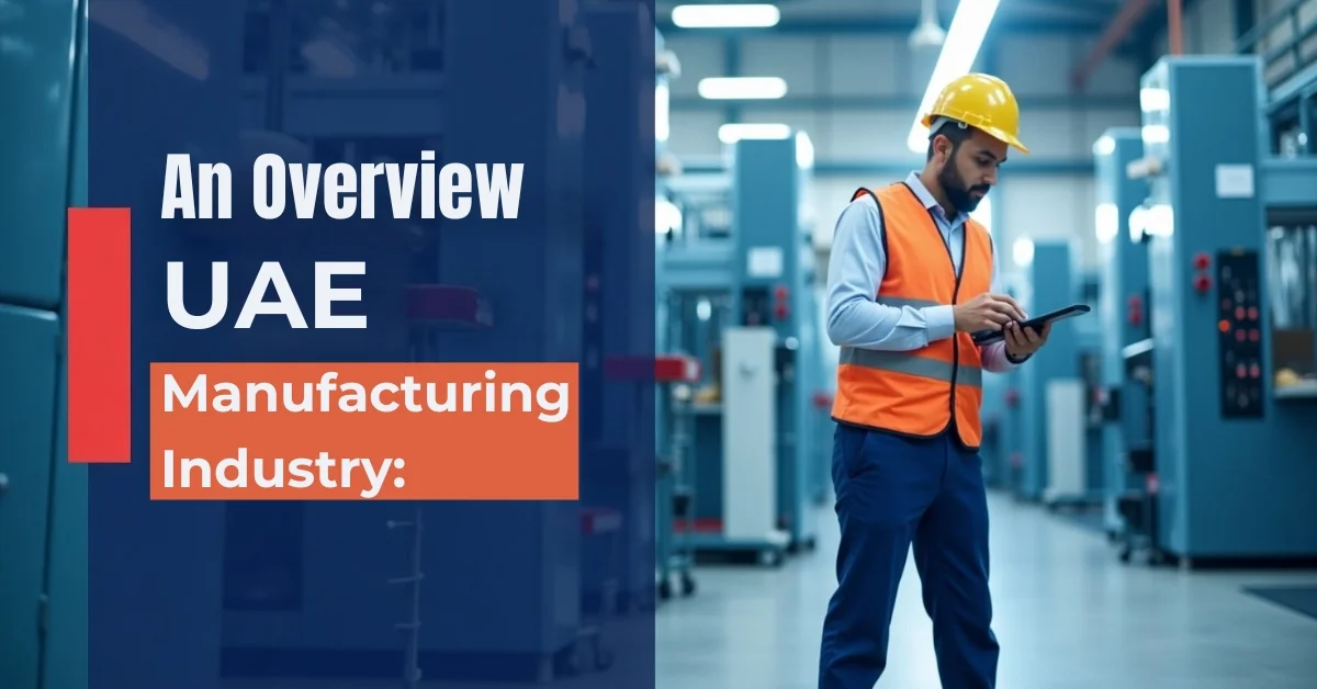 Image of a worker in safety gear using a tablet inside a modern UAE manufacturing facility.