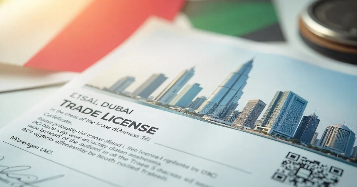 Dubai trade license paper with city skyline.