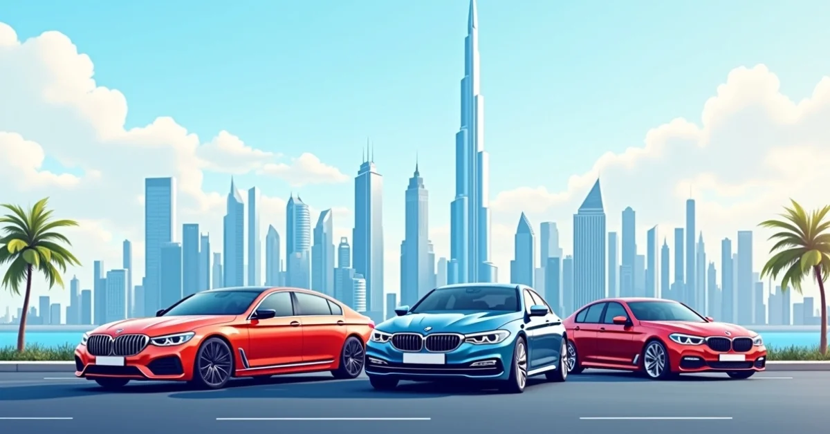 Image of three cars, two red and one blue, parked along a seaside road in Dubai with the city skyline and the Burj Khalifa in the background. The image is an ad for a car rental business.
