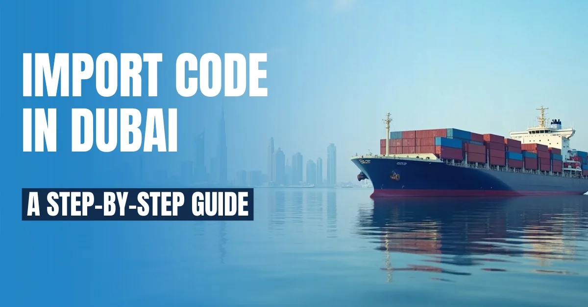 Image of a cargo ship with containers and Dubai skyline in the background, highlighting the import code step-by-step guide.