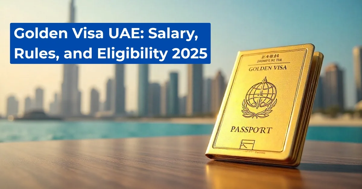 Image of Dubai skyline with Golden Visa UAE 2025 text