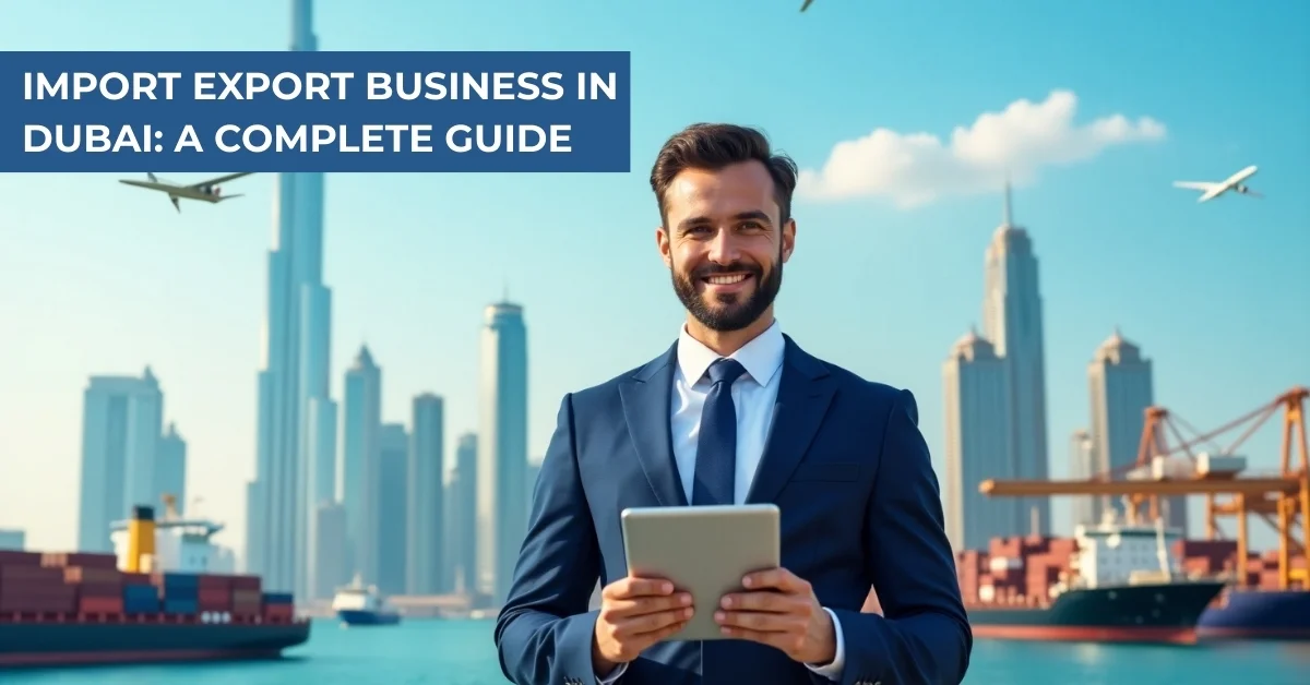 Image of a businessman with a tablet in front of Dubai skyline, cargo ships, and airplanes representing import export business in Dubai.