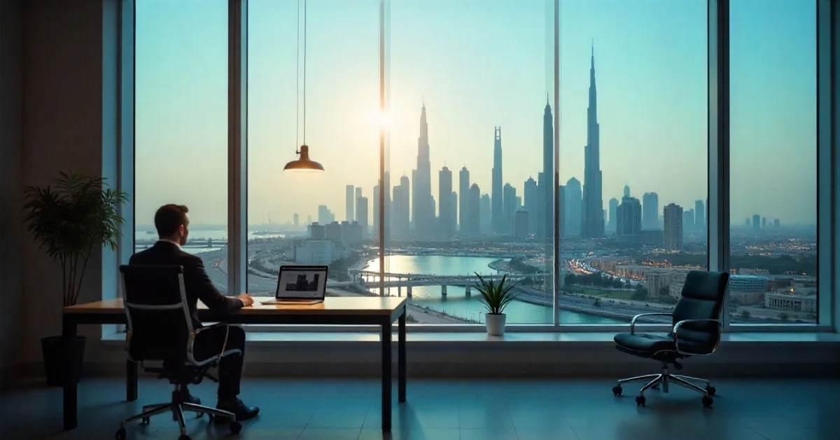 Image of business setup for LLC Company in UAE with Dubai skyline.