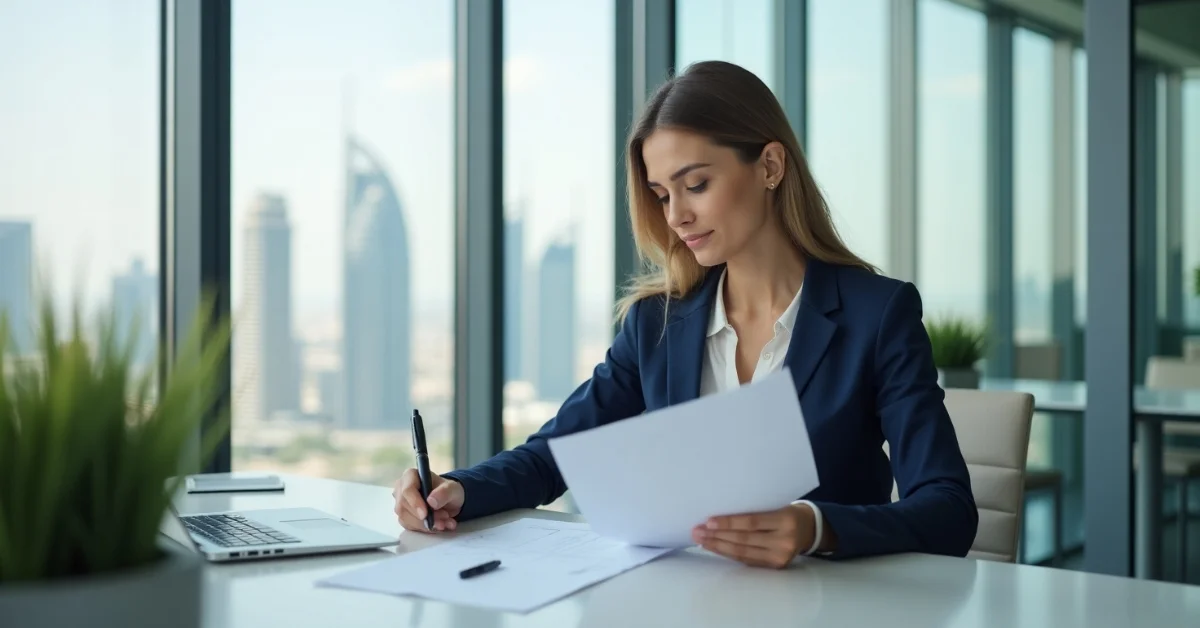 Image of professional PRO handling documents in a Dubai office.