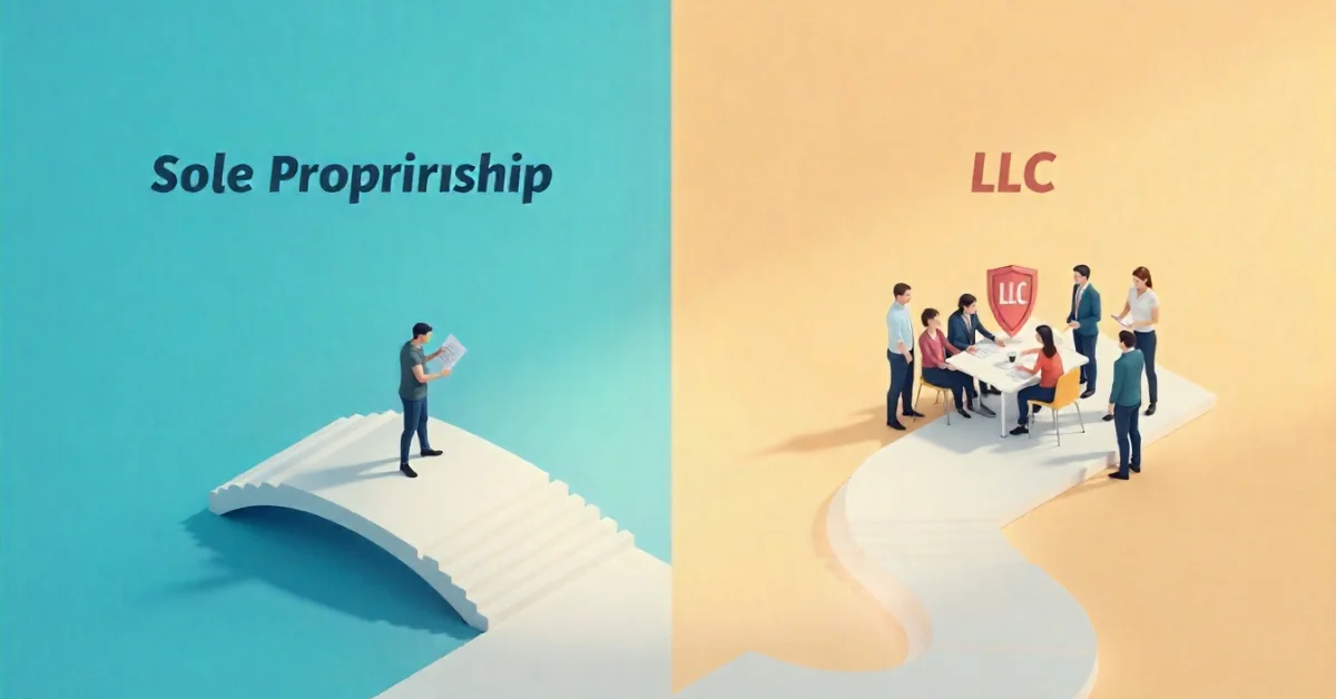 Sole Proprietorship vs LLC business structure illustration.