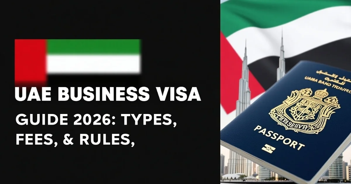 Image of UAE business visa guide 2026 with passport, UAE flag, and Burj Khalifa.