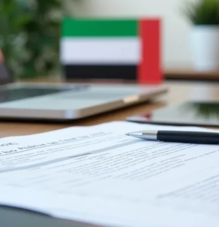 Image of business documents, laptop, and calculator on desk representing UAE corporate tax return filing step by step.