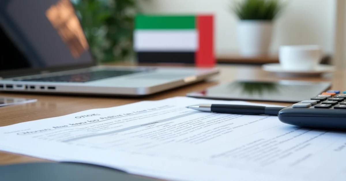Image of business documents, laptop, and calculator on desk representing UAE corporate tax return filing step by step.