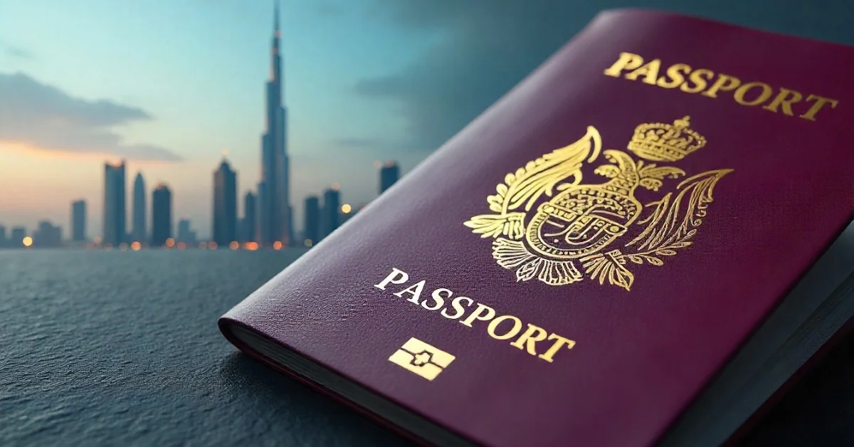 Image of the Dubai skyline with UAE Partner Visa elements.