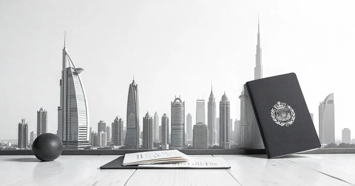 Image of a UAE passport with Dubai skyline representing work permit.
