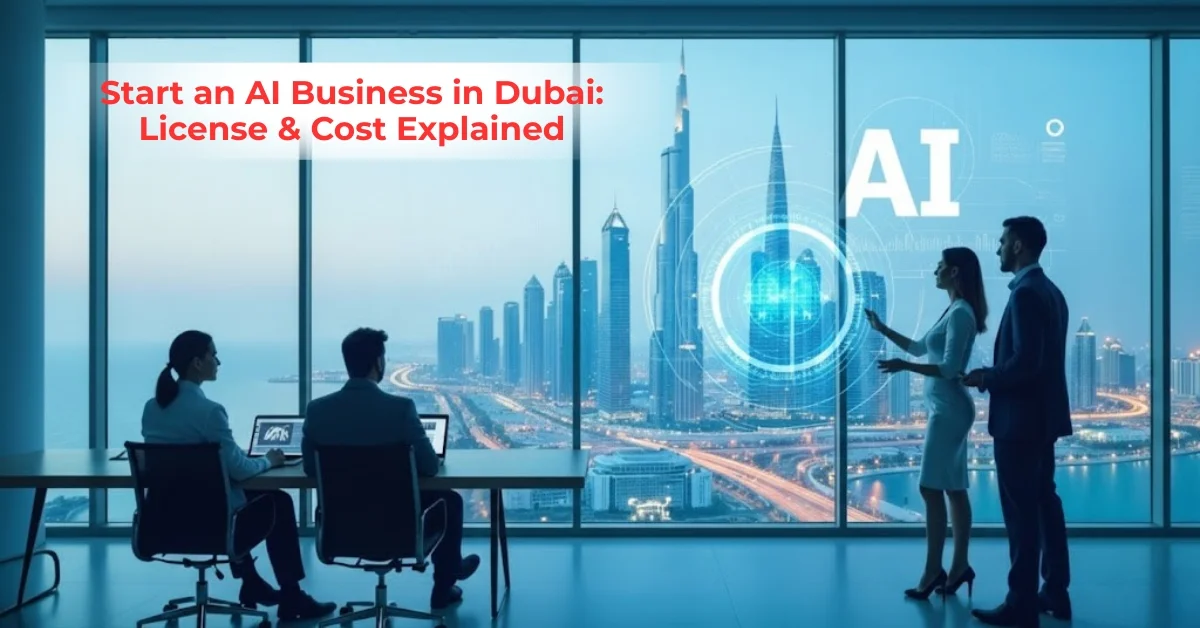 Image of a professional team discussing AI business setup in Dubai with futuristic digital technology background.