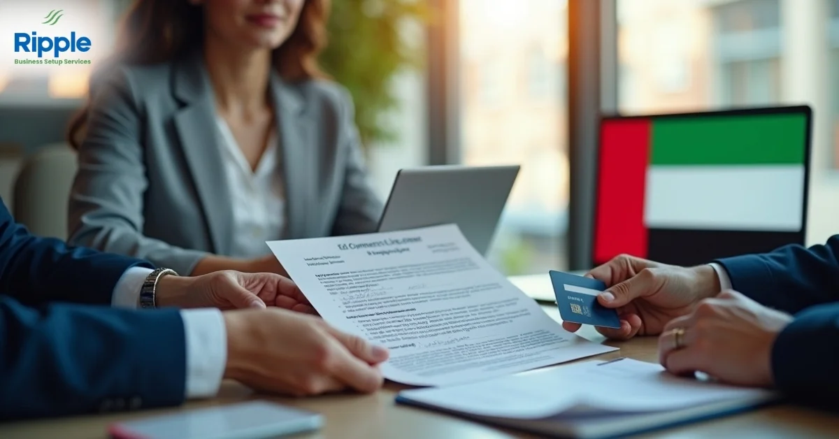Imageof business owner opening a bank account in Dubai with an e-commerce license, showing online shopping and banking elements.