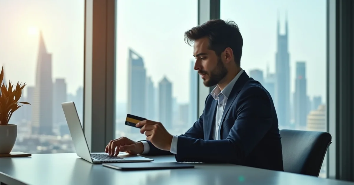 Image of Freelancer opening a bank account in the UAE while working on a laptop in a Dubai office.