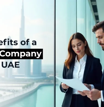 Image of the professional Dubai skyline with business team discussing holding company benefits