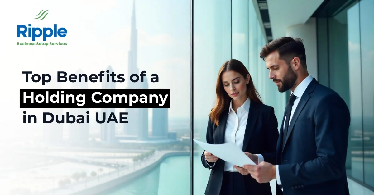 Image of the professional Dubai skyline with business team discussing holding company benefits