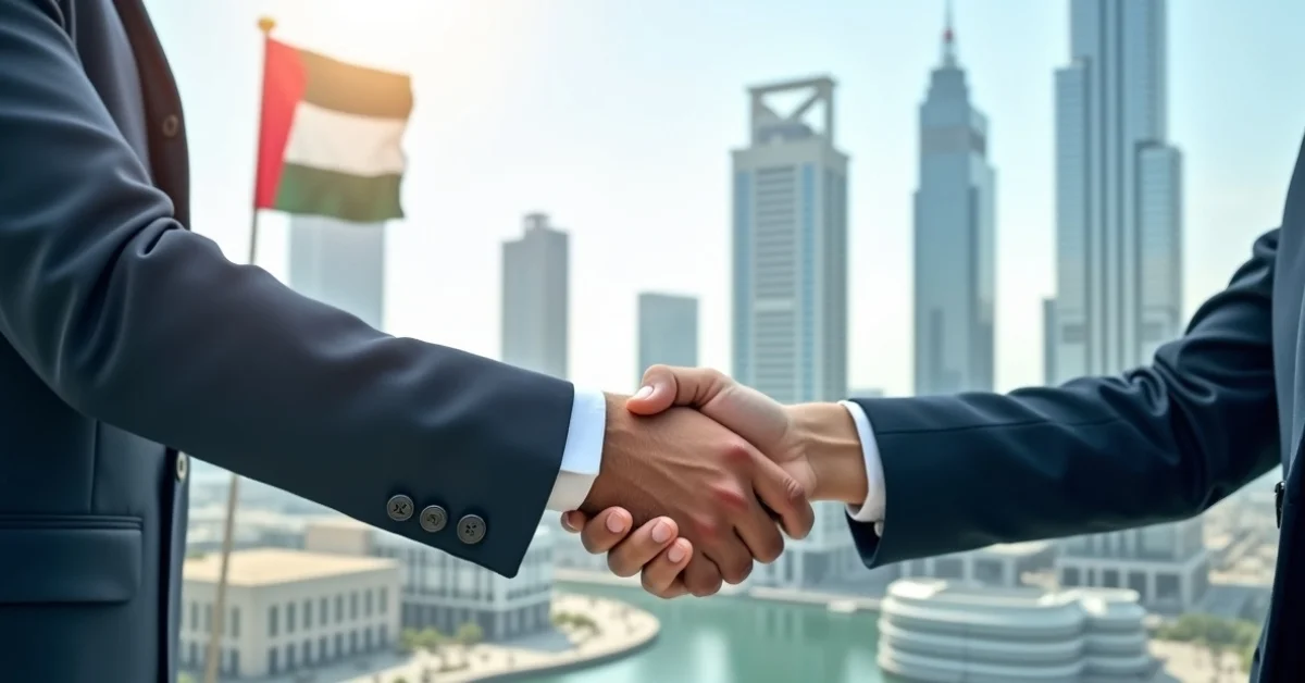 Image of a business setup in the UAE 2025 guide with Dubai skyline and entrepreneurs.